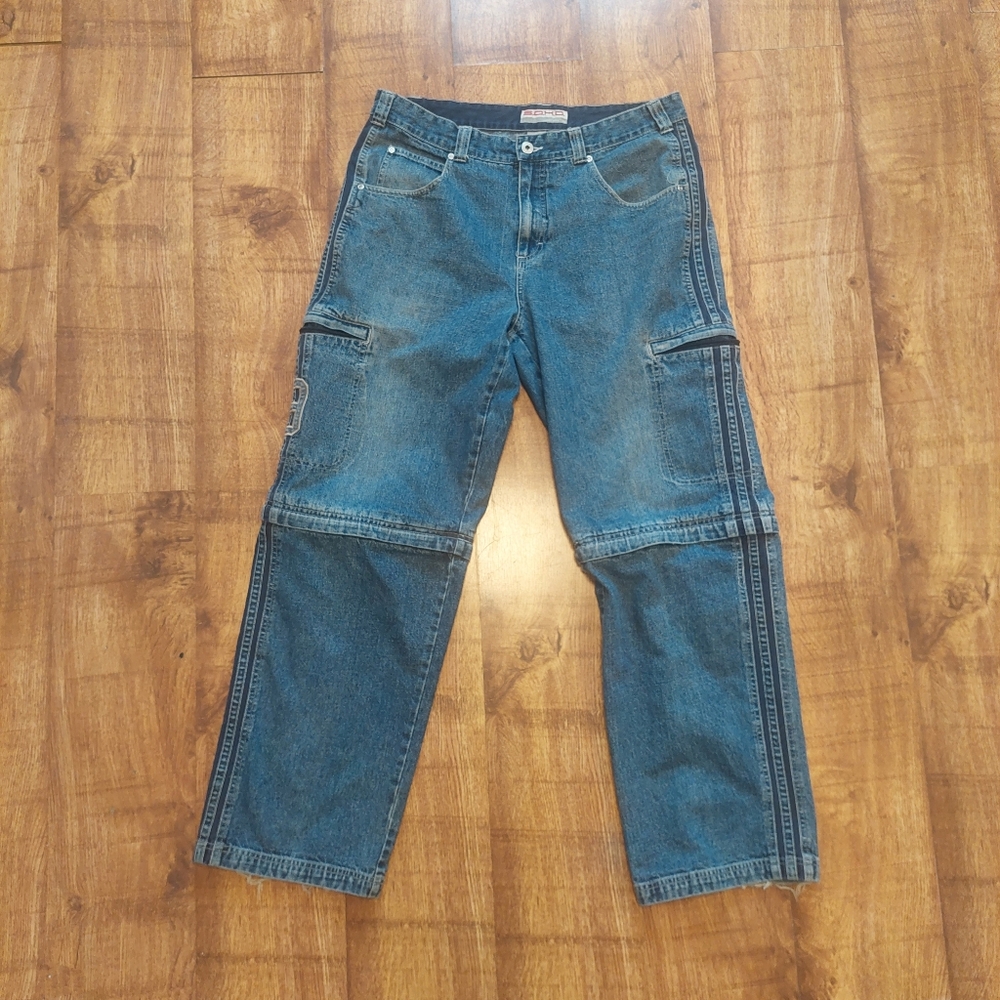 Y2K Men's Blue Denim Cargo Pants convertible Shorts Striped Logo Skater Hip Hop